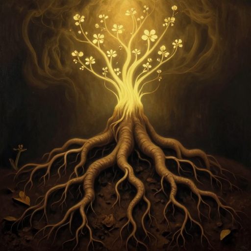Deep roots intertwined with luminous growth, symbolizing the unconscious foundation of potential.