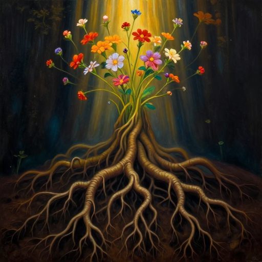 A luminous, hyper-detailed oil painting of roots intertwined with vibrant, luminous growth, symbolizing the subconscious foundation of growth.