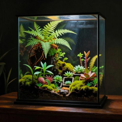 A solitary glass terrarium containing a complex ecosystem of vibrant, intertwined growth, symbolizing the integration of chaos into order.