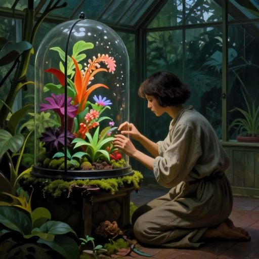A solitary figure tending a glass terrarium filled with complex, luminous flora.