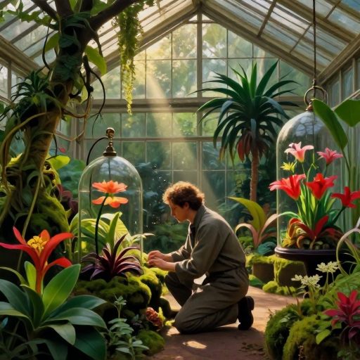 A solitary figure studies rare flora in a glasshouse.