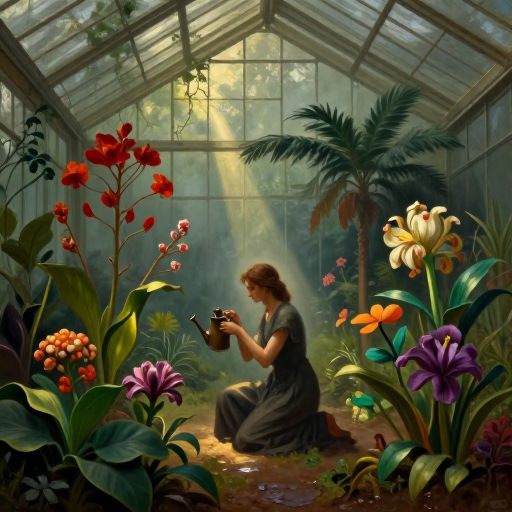 A solitary figure tending to luminous, oversized flora in a misty glasshouse, symbolizing patient growth.