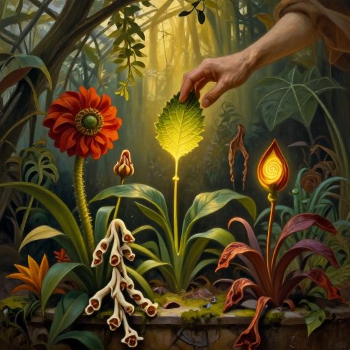A solitary figure studies luminous flora in deep shadow.