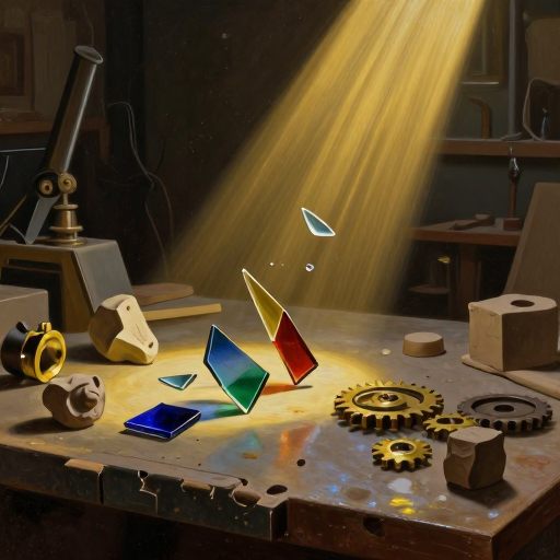 A solitary figure watches a cascade of imperfectly arranged objects.