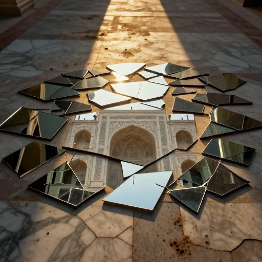 Fractured mirrors reflecting an imperfect archway, symbolizing misalignment and vulnerability.