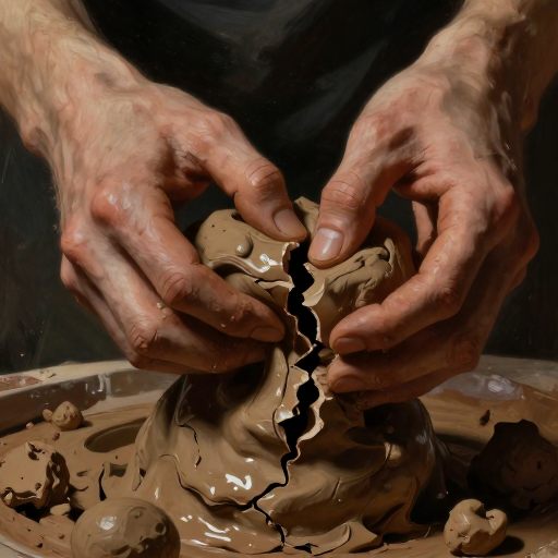 A sculptor's hands pull apart a piece of wet clay, revealing a subtle, imperfect fissure in the form.