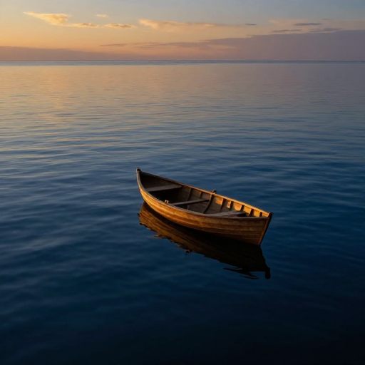 A solitary wooden skiff adrift on a vast, glass-like ocean at twilight.