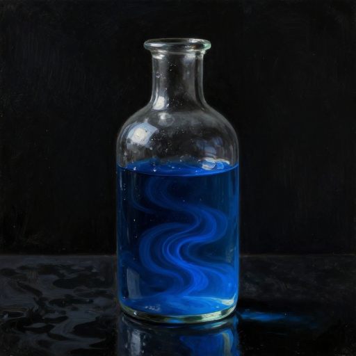 A solitary, antique glass bottle filled with luminous, deep sapphire water, resting on a polished obsidian surface, suggesting contained emotion.