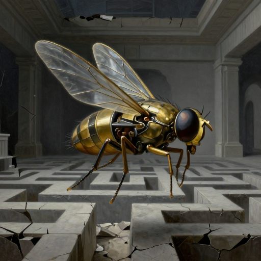 Symbolic portrayal of a mechanical fly in a labyrinthine space.