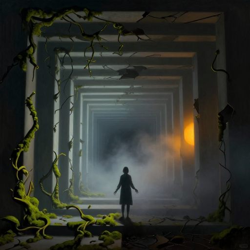 A solitary figure stands at the threshold of a crumbling, geometric passage, symbolizing the renegotiation of an internal boundary.