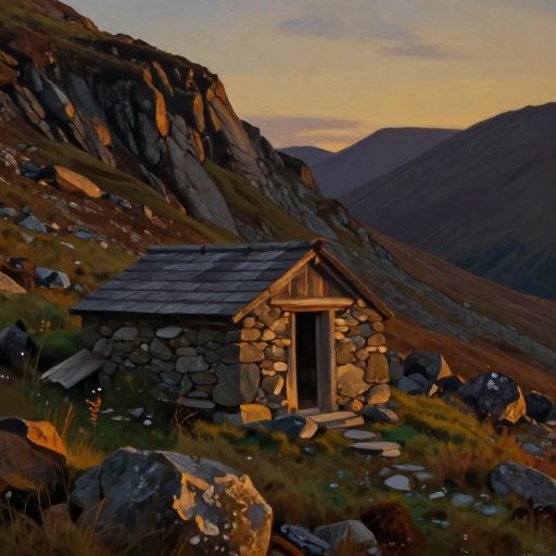 A solitary, rugged mountain bothie bathed in the golden light of evening, symbolizing psychological retreat.