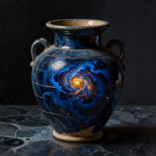 An ancient, intricately carved ceramic vessel resting in deep shadow, reflecting a churning internal landscape.