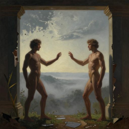 Two identical figures standing in a misty, allegorical landscape, representing internal duality.