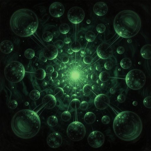 A network of compelled, luminous spheres in darkness.