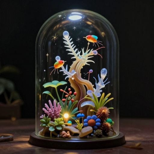 A hyper-detailed glass terrarium housing a fragile, complex ecosystem.
