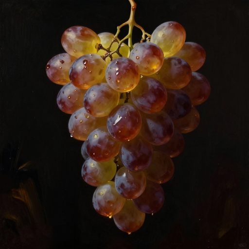 Suspended clusters of luminous grapes in deep chiaroscuro.