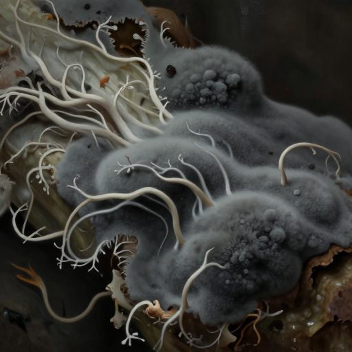 A delicate, ethereal growth of gray mold across a forgotten, damp surface.