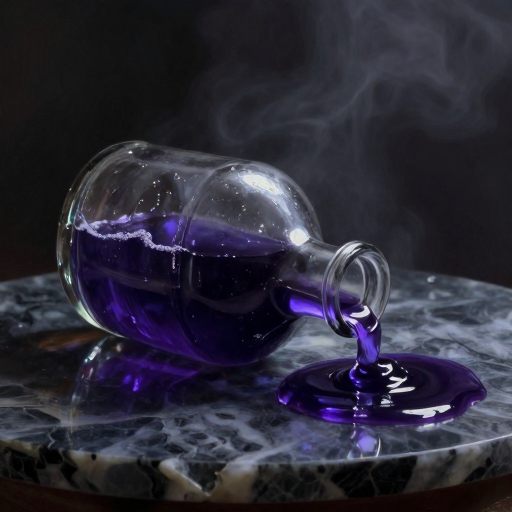 A solitary glass bottle overflowing with luminous, deep indigo liquid.