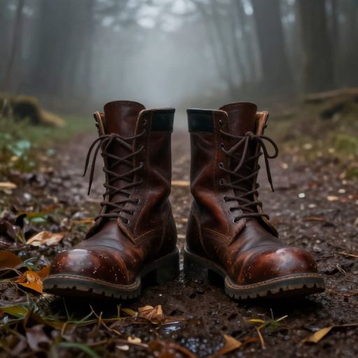 Worn leather boots grounding a misty path.
