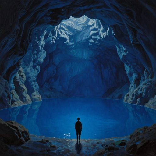 Descent into a luminous subterranean pool, symbolizing the depths of the unconscious.