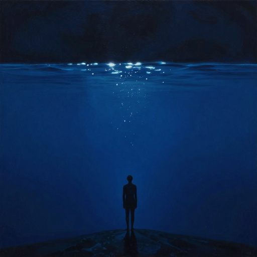 A solitary figure grounded at the absolute base of a vast, still body of water.