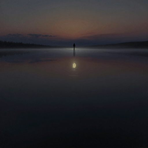 A solitary figure stands at the edge of an immense, dark pool, reflecting the infinite depth.