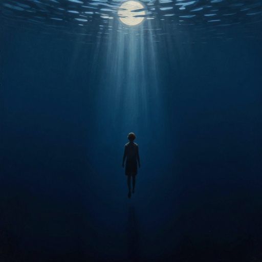 A solitary figure suspended in the absolute depths of still, dark water.