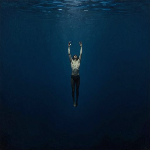 A solitary figure suspended in absolute deep water, reaching the crushing silence of the depths.