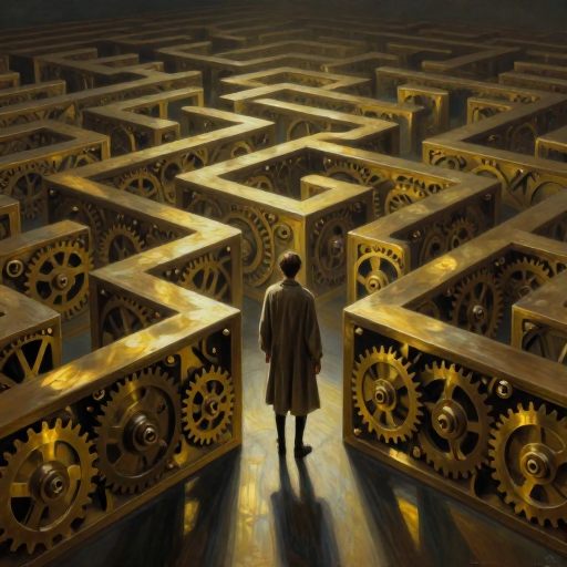 A solitary figure weighed down by geometric patterns, symbolizing inescapable routine.
