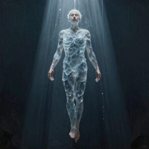 A figure encased in crystalline suspension, symbolizing absolute stillness and controlled vulnerability.