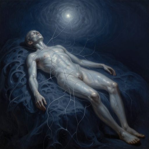 A figure suspended in quiet paralysis, symbolizing the gradual loss of agency.