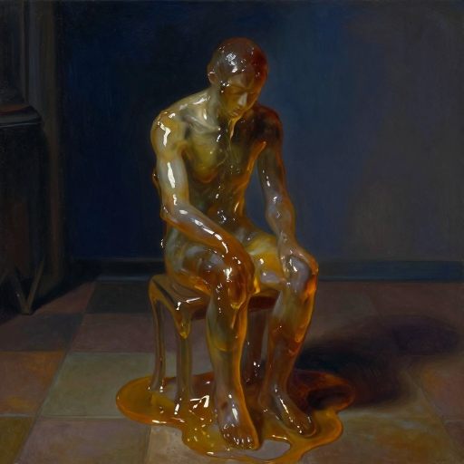 A solitary figure encased in amber resin, symbolizing bottled-up emotion.