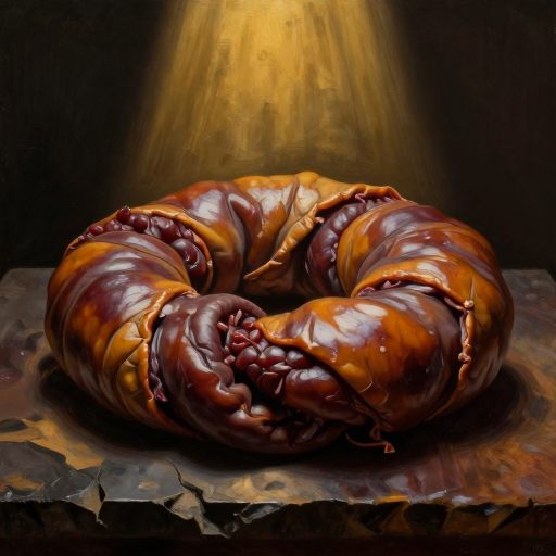 Coiled earthen mass encased in a tight, burnished casing, symbolizing contained routine and pressure.