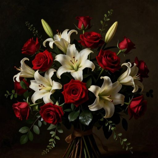 A dramatic, overflowing bouquet of deep crimson and ivory flowers, rendered in oil painting texture, resting on a polished dark wood surface under chiaroscuro lighting, symbolizing fragile emotional commitment.