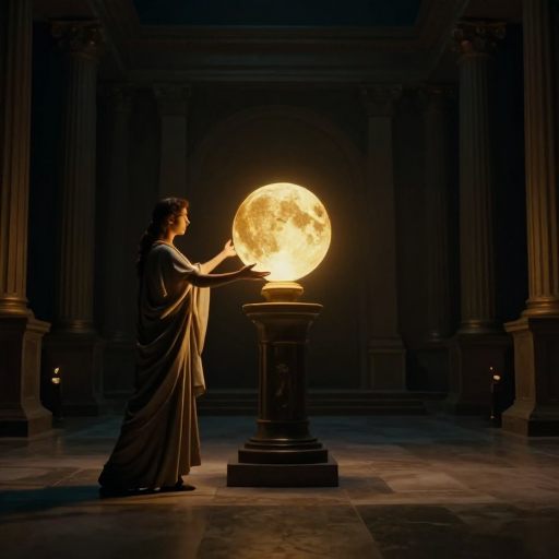 A solitary figure accepts a heavy, luminous orb on a velvet pedestal, symbolizing the cost of a commitment.