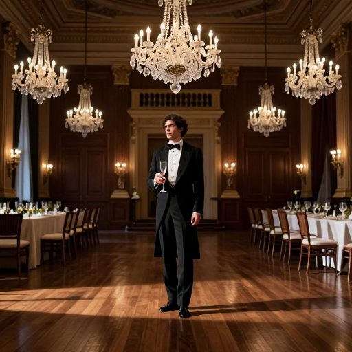 A solitary figure in opulent setting, embodying the pressure of performance.