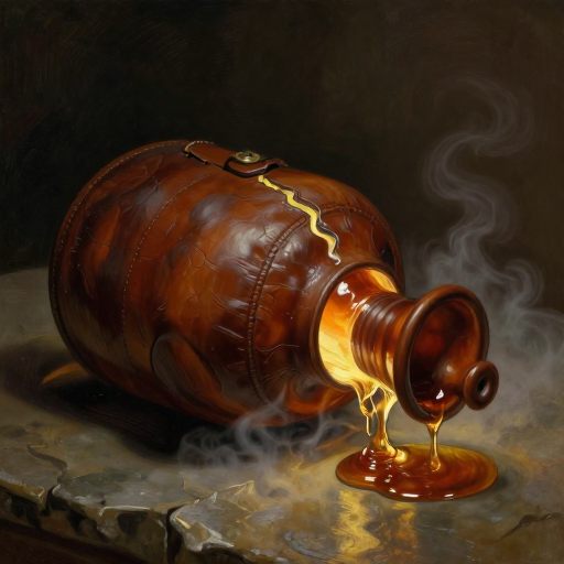 A leather-bound hot water bottle overflowing with luminous, pressurized warmth in a misty, subterranean setting.