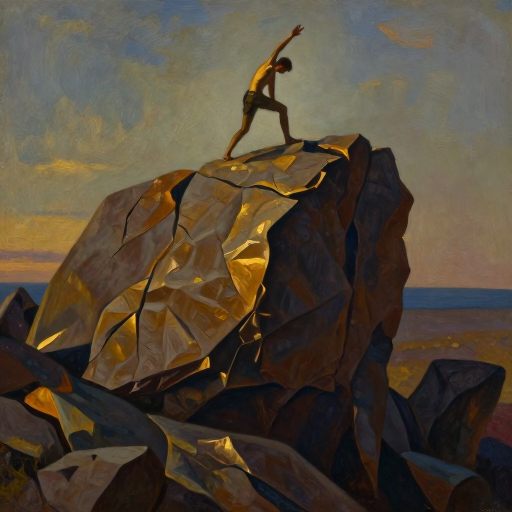 A solitary figure making a committed upward move on a textured monolith.