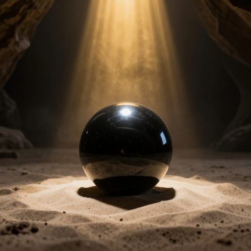 A polished obsidian sphere symbolizing contained potential in dramatic isolation.