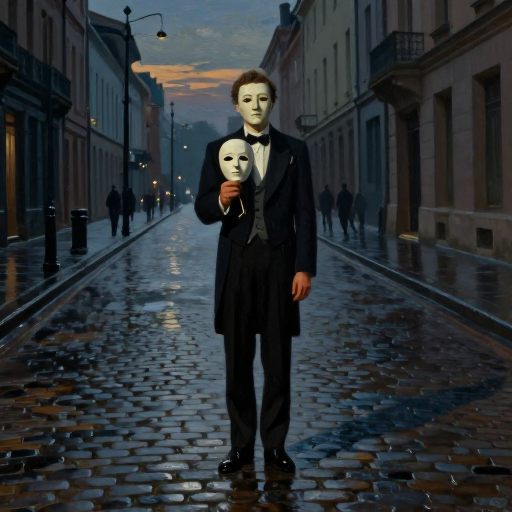A solitary figure in tailored attire on a grand, rain-slicked boulevard at dusk.