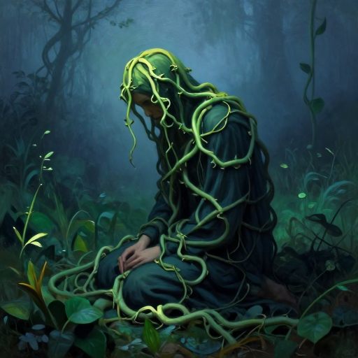 A solitary figure intertwined with luminous, thick vines in a misty clearing.