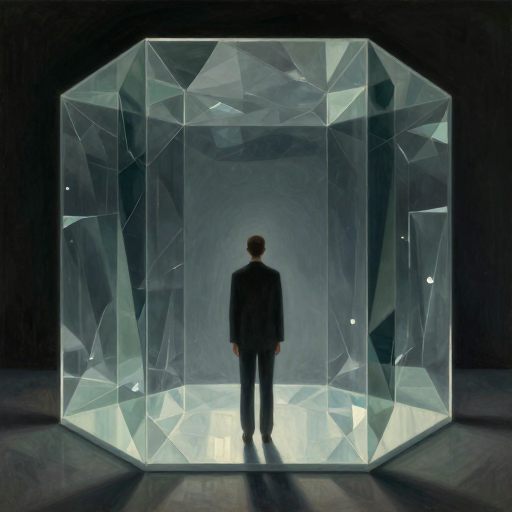 A solitary figure suspended within a luminous, crystalline enclosure, symbolizing the tension between necessary structure and suffocating limits.