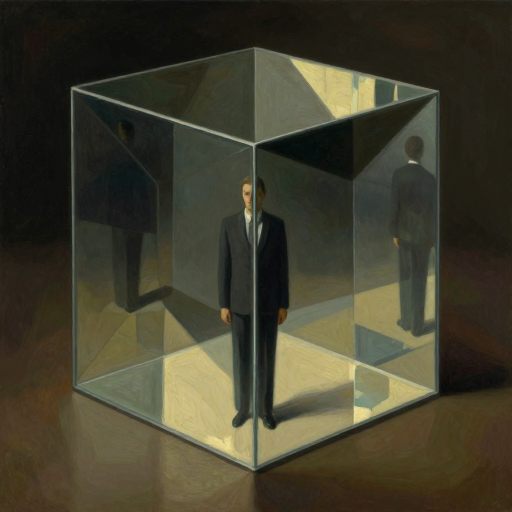 A solitary figure within a luminous, geometric glass enclosure, symbolizing the tension between necessary structure and suffocating constraint.