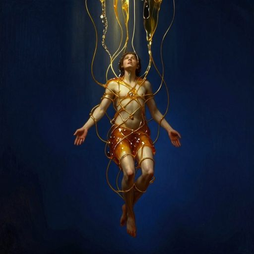 A solitary figure suspended in amber resin, gently encased by interwoven, luminous tendrils representing commitments.