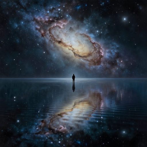 A solitary figure adrift in a luminous, infinite expanse.